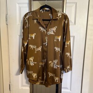 Zara Brown Button Down Shirt with Safari Print